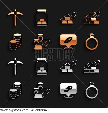 Set Gold Coin With Gold Bars, Growth Arrow, Ring, Money, Pickaxe And Icon. Vector