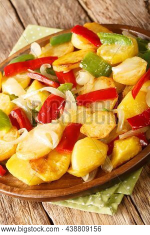 Traditional Spanish Stew Being Cooked Patatas A Lo Pobre Witr Potatoes, Onion And Bell Pepper Close 