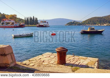 Ferry Station. Beautiful Mediterranean Landscape. Montenegro, Adriatic Sea. View Of Bay Of Kotor And