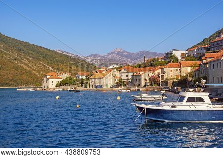 Beautiful Autumn Mediterranean Landscape. Seaside Village On Cost Of Bay.  Montenegro, Adriatic Sea.