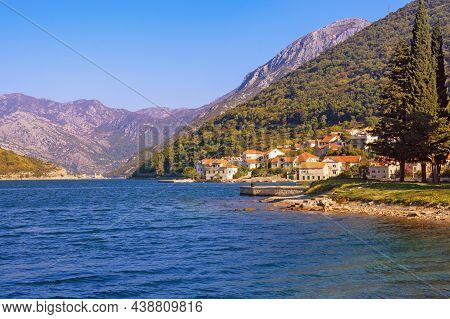 Sunny Autumn Day, Beautiful Mediterranean Landscape With Small Seaside Village Against Mountains.  M