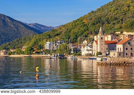 Sunny Autumn Day, Beautiful Mediterranean Landscape. Montenegro, Adriatic Sea. View Of Bay Of Kotor 