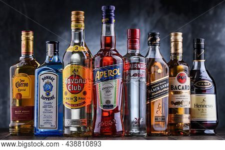 Poznan, Pol - Oct 27, 2021: Bottles Of Assorted Global Hard  Liquor Brands Including Whiskey, Vodka,