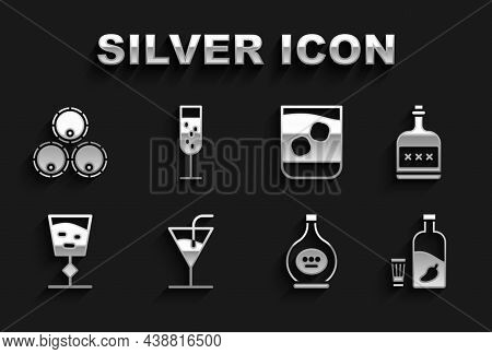 Set Cocktail, Alcohol Drink Rum Bottle, Vodka With Pepper And Glass, Bottle Of Cognac Or Brandy, Win