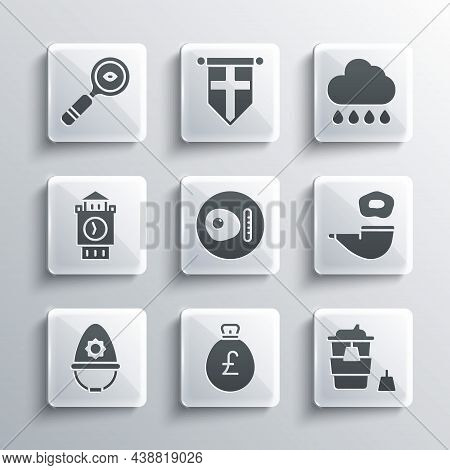 Set Money Bag With Pound, Coffee Cup To Go, Smoking Pipe, British Breakfast, Police Helmet, Big Ben 