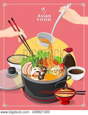 Shabu Shabu And Sukiyaki In Hot Pot At Restaurant,  Hand Holding Chopsticks