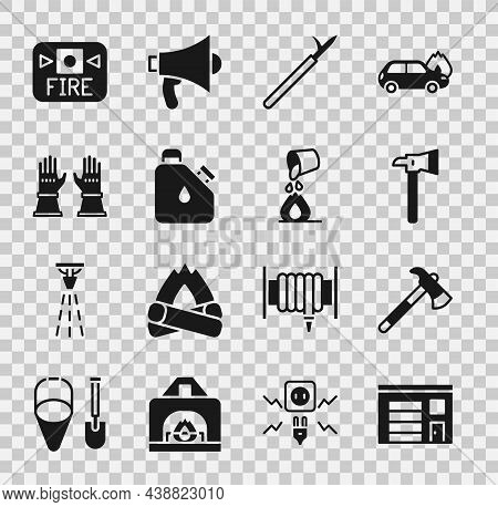 Set Building Of Fire Station, Firefighter Axe, Metal Pike Pole, Canister Fuel, Gloves, Alarm System 