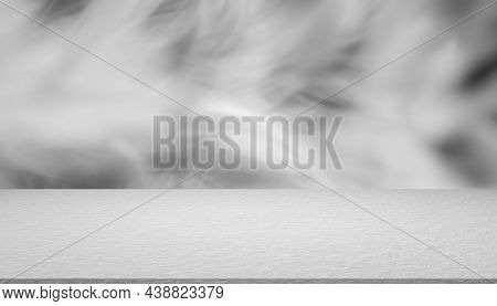 Empty Studio Room Gray Cement With Blur Feather Black And White Background. Blank Table Old Grunge S