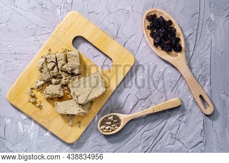 Sunflower Halva. Halva Pieces Grey Background. Top View