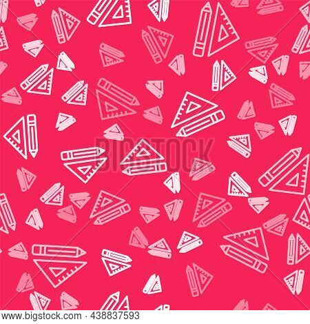 White Line Triangular Ruler And Pencil Icon Isolated Seamless Pattern On Red Background. Straightedg