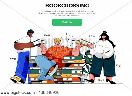 Bookcrossing Web Banner Concept. Men And Woman Reading, Sharing And Exchanging Paper Books, Literatu