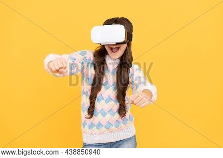 Happy Teen Girl Wear Wireless Vr Glasses. Using Vr Headset. Kid Play Video Game. Digital Future