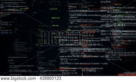 Abstract Computer Monitor With Moving Symbols. Animation. Green Linux Terminal Commands On Black Bac