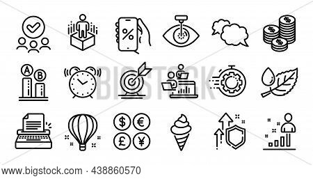 Leaf Dew, Seo Timer And Coins Line Icons Set. Secure Shield And Money Currency Exchange. Air Balloon