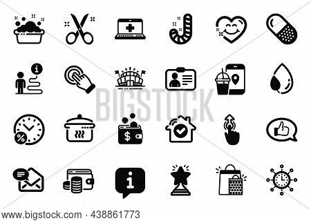 Vector Set Of Simple Icons Related To Boiling Pan, Touchscreen Gesture And Shopping Bags Icons. Scis