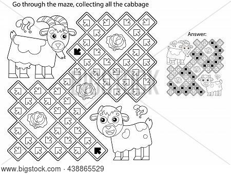 Maze Or Labyrinth Game. Puzzle. Coloring Page Outline Of Cartoon Goat With Goatling Or Kid. Farm Ani