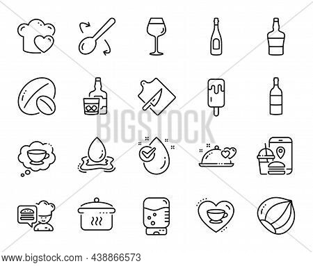Vector Set Of Romantic Dinner, Cutting Board And Champagne Line Icons Set. Hazelnut, Water Splash An