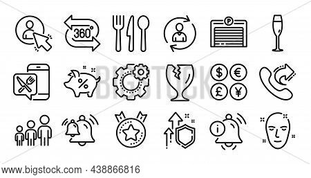 Share Call, Food App And Person Info Line Icons Set. Secure Shield And Money Currency Exchange. Rank