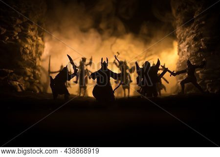 Medieval Battle Scene With Cavalry And Infantry. Silhouettes Of Figures As Separate Objects, Fight B