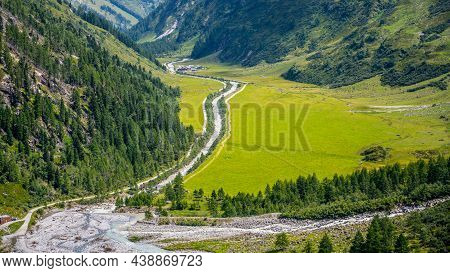 Green Meadow In Alpine Valley, Gschlosstal Valley, Hohe Tauern National Park, East Tyrol, Austrian A