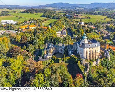 Chateau And Castle Frydlant On Sunny Autumn Day. Frydlant V Cechach, Czech Republic. Aerial View Fro