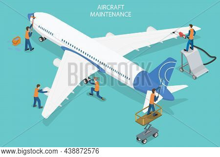 3d Isometric Flat Vector Conceptual Illustration Of Aircraft Maintenance, Inspection And Repair Serv