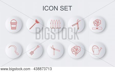 Set Line Watering Can, Sickle, Garden Fence, Tree, Bucket, Rake For Leaves, Pitchfork And Gardening 