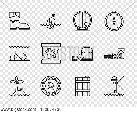 Set Line Tropical Island In Ocean, Lighthouse, Wooden Barrel, Pirate Coin, Leather Pirate Boots, Tre