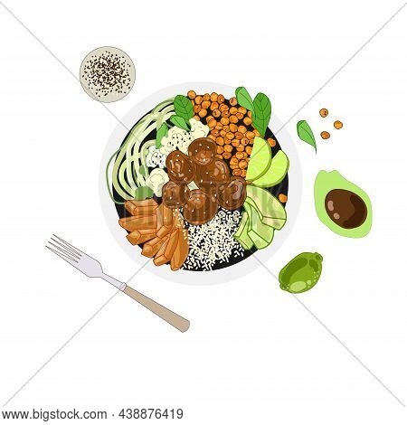Falafel Bowl With Vegetables Rice, Chickpeas And Sweet Potato Slices, Falafel Balls In A Bowl. Vecto