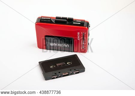 Huettenberg, Germany - 2021-04-07: Beautiful Red Vintage Sony Walkman Wm-24 Over Bright Background.