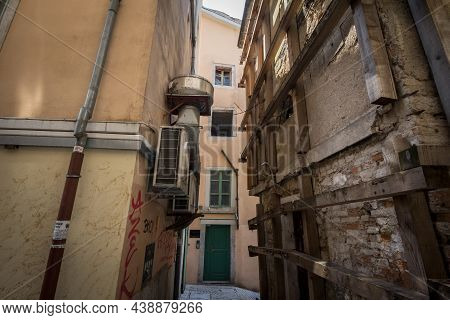 Rijeka, Croatia - July 18, 2021: Narrow Medieval Street Of Stari Grad, The Old Town Of Rijeka, With 