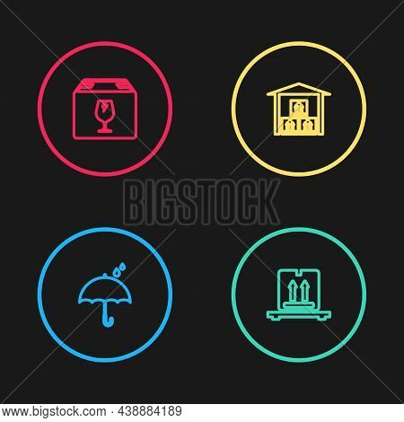 Set Line Umbrella And Rain Drops, Cardboard Boxes On Pallet, Warehouse And Delivery With Fragile Con