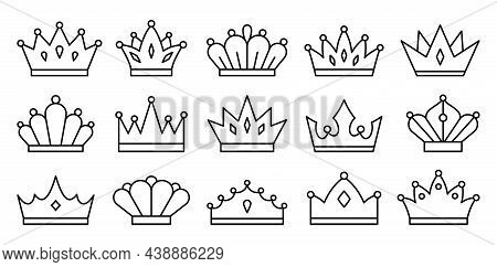 Crown Royal Jewel Heraldry Black Line Set. Ruler Champion Winner Symbol. Headdress King Queen Prince