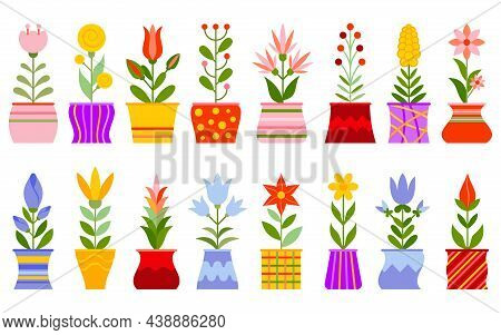 Flower Leaf Houseplant In Pot Color Plant Flat Set. Blooming Branch With Berry Sticker Nature Elemen