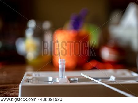 Selective Focus On Swab Of An At Home Rapid Covid Test Kit