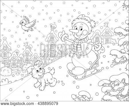 Happy Little Snowman And A Merry Small Puppy Cheerfully Sledding Down A Snow Hill On A Playground In