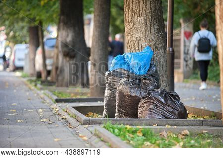 Pile Of Black Garbage Bags Full Of Litter Left For Pick Up On Street Side. Trash Disposal Concept.