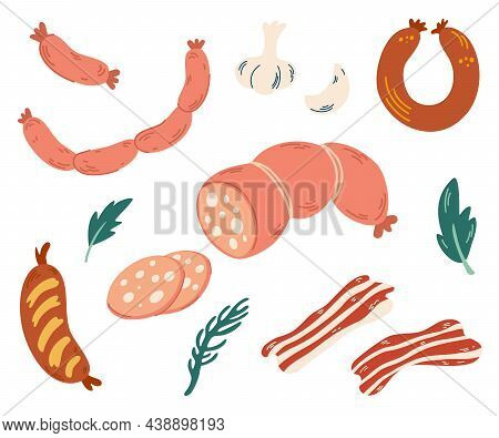 Meat Sausages Set. Cartoon Beef Sausages And Salami Sausages, Grocery Meat Hot Dogs. Sausages Assort