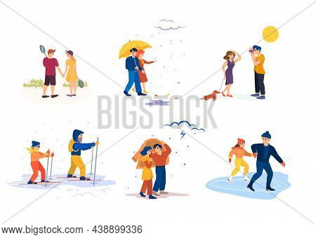 Couple Walking At Different Times Of Year At Various Weather. Man And Woman Walking Autumn In Rain, 