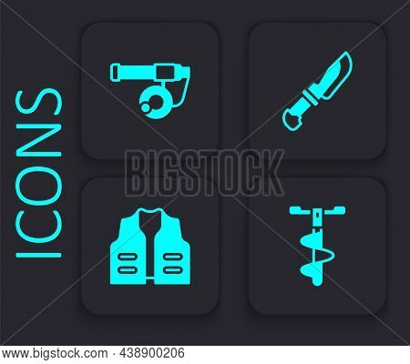 Set Hand Ice Drill, Fishing Rod, Knife And Jacket Icon. Black Square Button. Vector