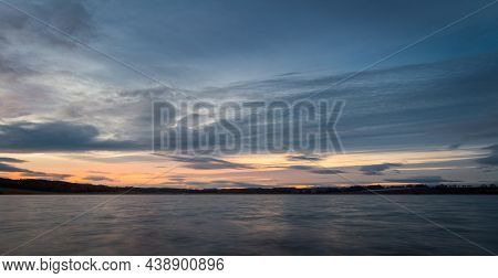 Amazing Dramatic Sunset Sky With Cumulus Cloud On Pond Dehtar. Long Exposure, Czech Landscape