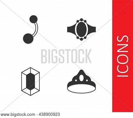 Set King Crown, Piercing, Gem Stone And Diamond Engagement Ring Icon. Vector
