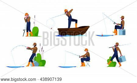 Fisherman. Sea Or Ocean Active Hobbie Fishers In Barca With Equipment Spinning Hook Garish Vector Ca