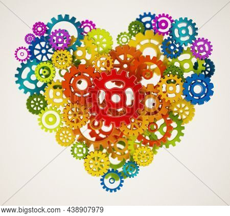 Multi-colored Gear Set Inside Heart Shape. 3d Illustration.