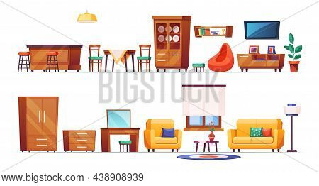Living Room Furniture Cartoon. Furniture For Home Interior Decor, Cozy Living Room And Kitchen. Wood