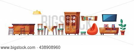 Living Room Furniture Cartoon. Furniture For Home Interior Decor, Cozy Living Room And Kitchen. Wood