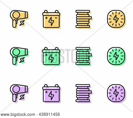 Set Line Wire Electric Cable On Reel, Hair Dryer, Car Battery And Lightning Bolt Icon. Vector