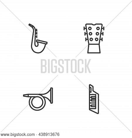 Set Line Keytar, Trumpet, Saxophone And Guitar Neck Icon. Vector