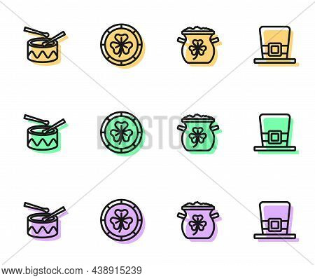 Set Line Pot Of Gold Coins, Drum With Drum Sticks, Golden Leprechaun And Leprechaun Hat Icon. Vector
