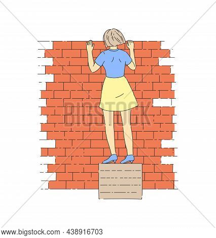 Woman Peeping From Behind Wall. Girl Stands On Box And Peeps At Someone Through Brick Fence. Surpris